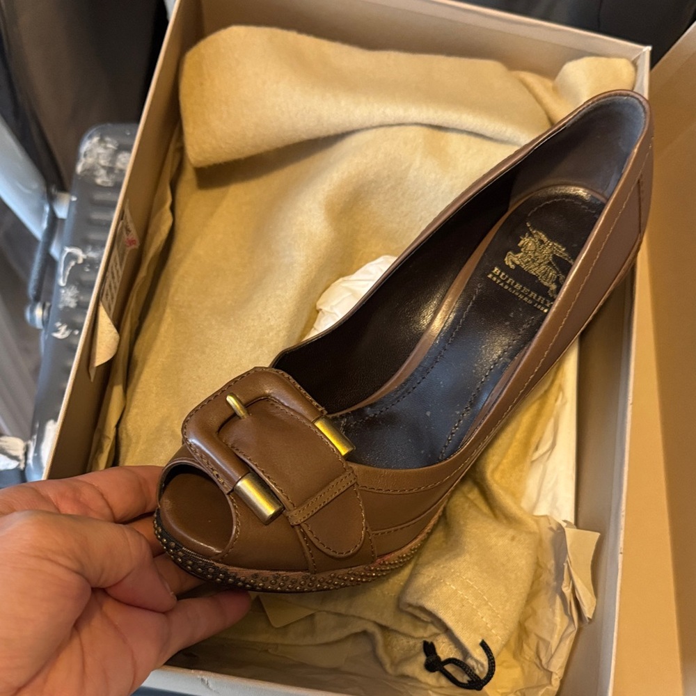 Burberry Brown Peep-Toe Heels with Gold Buckle